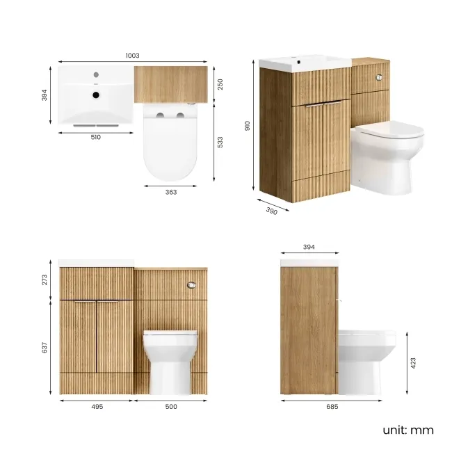 Havana Fluted Country Oak Combination Vanity Basin and Miami Toilet 1000mm - Chrome Handles
