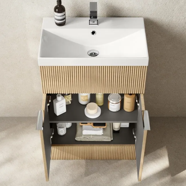 Havana Fluted Country Oak Basin Vanity and Back To Wall Toilet Unit 1100mm (Excludes Toilet) - Chrome Handles