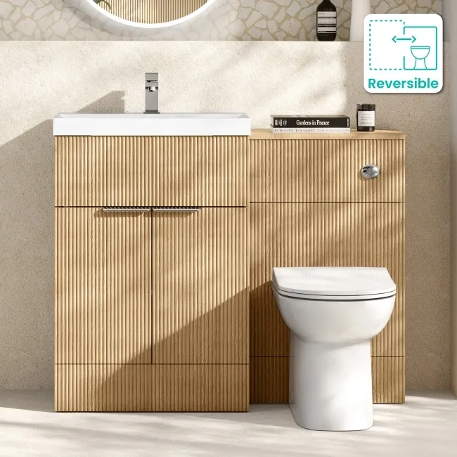 Havana Fluted Country Oak Combination Vanity Basin and Aruba Toilet 1100mm - Chrome Handles