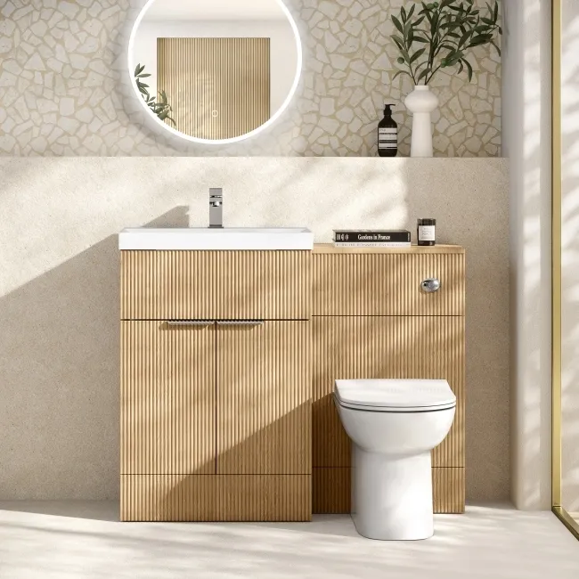 Havana Fluted Country Oak Combination Vanity Basin and Aruba Toilet 1100mm - Chrome Handles