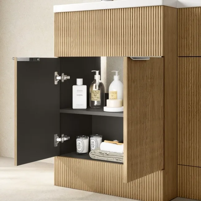 Havana Fluted Country Oak Basin Vanity and Back To Wall Toilet Unit 1100mm (Excludes Toilet) - Chrome Handles - Left Handed