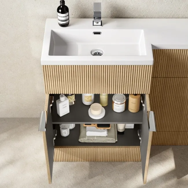 Havana Fluted Country Oak Combination Vanity Basin and Tucson Toilet 1100mm - Chrome Handles - Left Handed