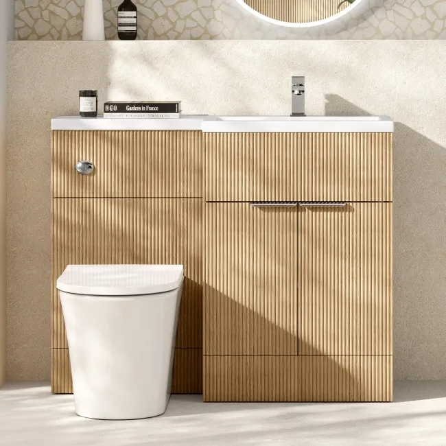 Havana Fluted Country Oak Combination Vanity Basin and Tucson Toilet 1100mm - Chrome Handles - Right Handed