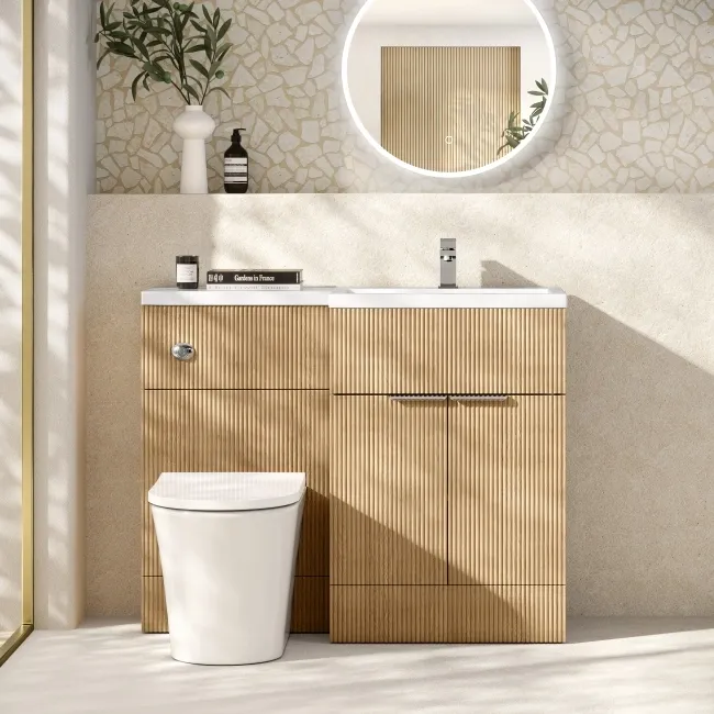 Havana Fluted Country Oak Combination Vanity Basin and Tucson Toilet 1100mm - Chrome Handles - Right Handed