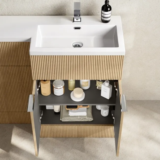 Havana Fluted Country Oak Combination Vanity Basin and Tucson Toilet 1100mm - Chrome Handles - Right Handed