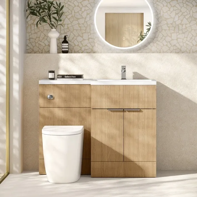 Havana Fluted Country Oak Combination Vanity Basin and Utah Comfort Height Toilet 1100mm - Chrome Handles - Right Handed