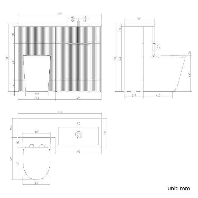 Havana Fluted Country Oak Combination Vanity Basin and Utah Comfort Height Toilet 1100mm - Chrome Handles - Right Handed