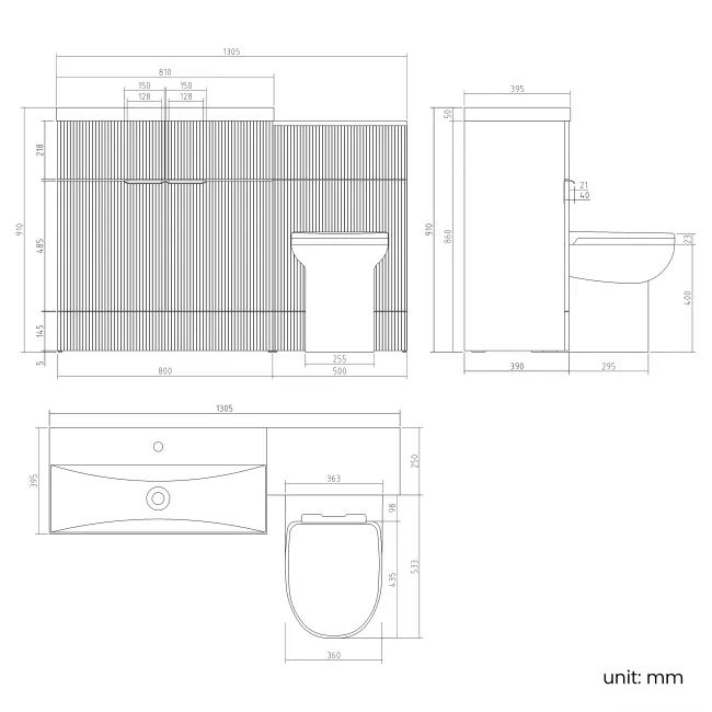Havana Fluted Country Oak Combination Vanity Basin and Aruba Toilet 1300mm - Chrome Handles