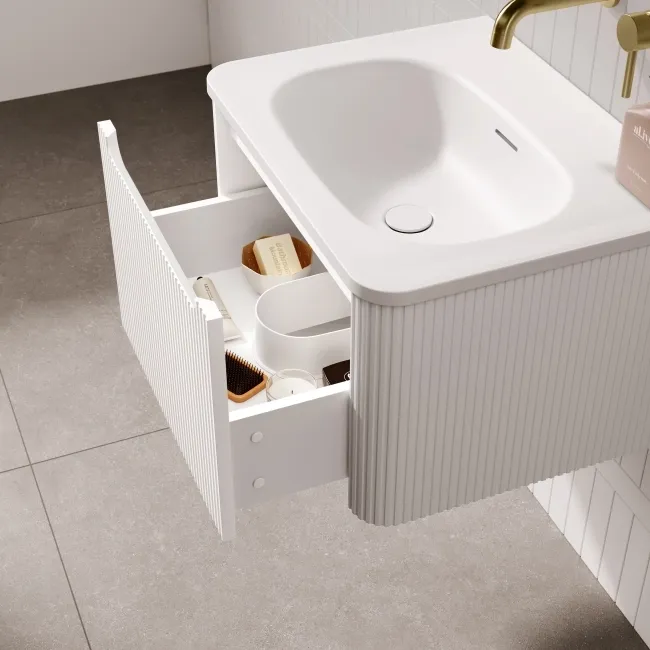 Sorrento Fluted Coastal White Wall Hung Drawer Vanity with Matt White Basin 600mm