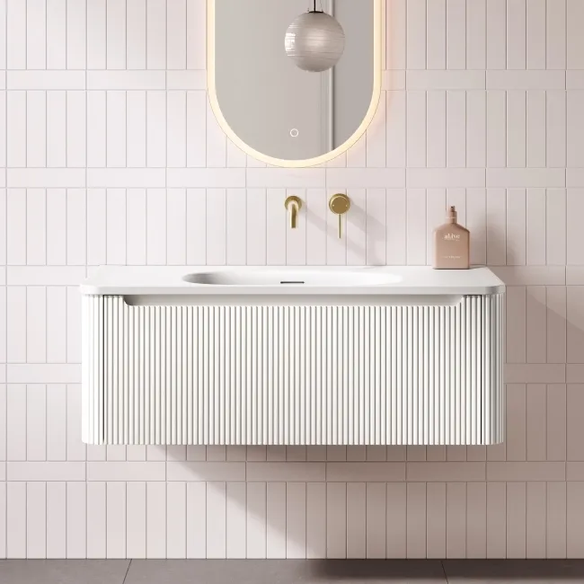 Sorrento Fluted Coastal White Wall Hung Drawer Vanity with Matt White Basin 1000mm