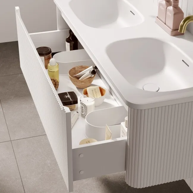Sorrento Fluted Coastal White Wall Hung Drawer Vanity with Matt White Double Basin 1200mm
