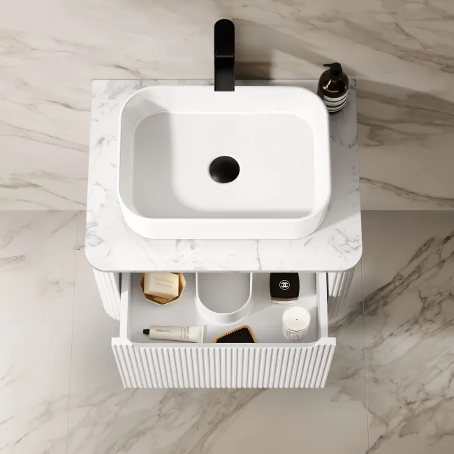 Sorrento Fluted Coastal White Wall Hung Drawer Vanity with Marble Top & Marin Basin 600mm