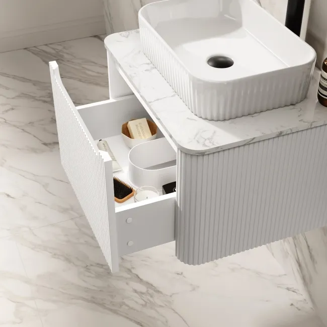 Sorrento Fluted Coastal White Wall Hung Drawer Vanity with Marble Top & Reno Basin 600mm