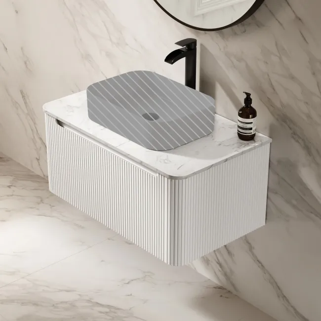 Sorrento Fluted Coastal White Wall Hung Drawer Vanity with Marble Top 800mm - Excludes Counter Top Basin