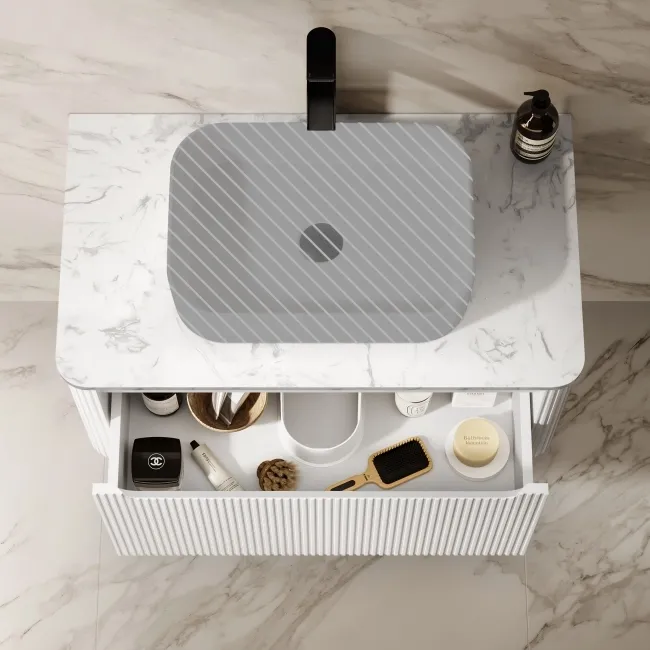 Sorrento Fluted Coastal White Wall Hung Drawer Vanity with Marble Top 800mm - Excludes Counter Top Basin