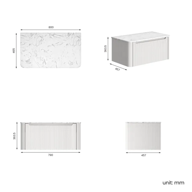 Sorrento Fluted Coastal White Wall Hung Drawer Vanity with Marble Top 800mm - Excludes Counter Top Basin