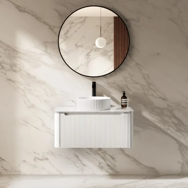 Sorrento Fluted Coastal White Wall Hung Drawer Vanity with Marble Top & Nevis Basin 800mm