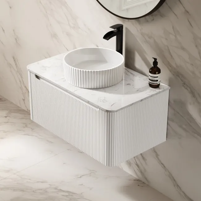 Sorrento Fluted Coastal White Wall Hung Drawer Vanity with Marble Top & Nevis Basin 800mm