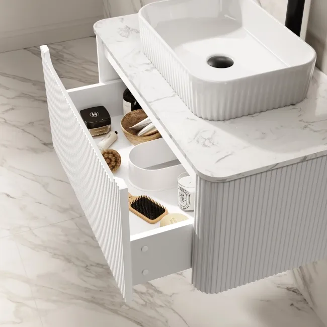 Sorrento Fluted Coastal White Wall Hung Drawer Vanity with Marble Top & Reno Basin 800mm