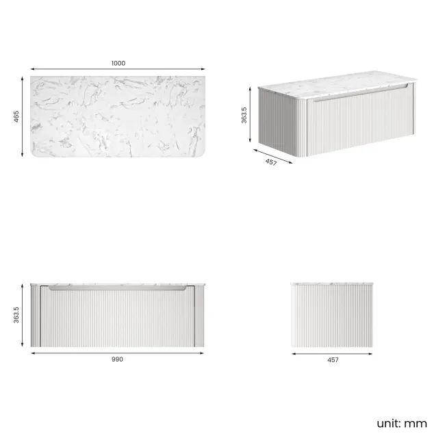 Sorrento Fluted Coastal White Wall Hung Drawer Vanity with Marble Top 1000mm - Excludes Counter Top Basin