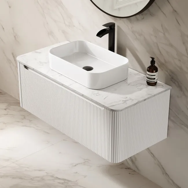 Sorrento Fluted Coastal White Wall Hung Drawer Vanity with Marble Top & Marin Basin 1000mm