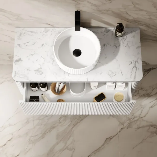 Sorrento Fluted Coastal White Wall Hung Drawer Vanity with Marble Top & Nevis Basin 1000mm