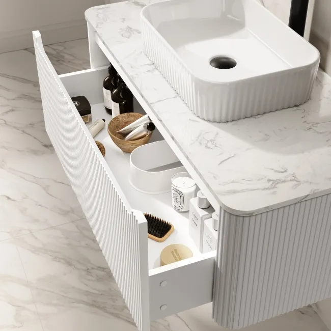 Sorrento Fluted Coastal White Wall Hung Drawer Vanity with Marble Top & Reno Basin 1000mm