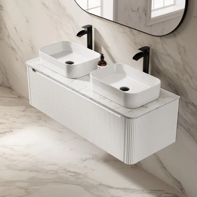 Sorrento Fluted Coastal White Double Wall Hung Drawer Vanity with Marble Top & Marin Basin 1200mm