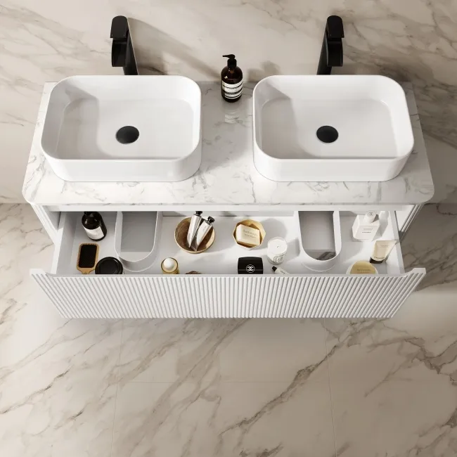 Sorrento Fluted Coastal White Double Wall Hung Drawer Vanity with Marble Top & Marin Basin 1200mm