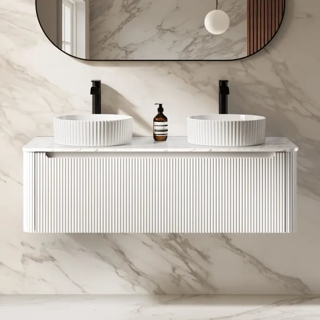 Sorrento Fluted Coastal White Double Wall Hung Drawer Vanity with Marble Top & Nevis Basin 1200mm