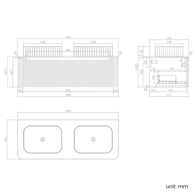 Sorrento Fluted Coastal White Double Wall Hung Drawer Vanity with Marble Top & Reno Basin 1200mm