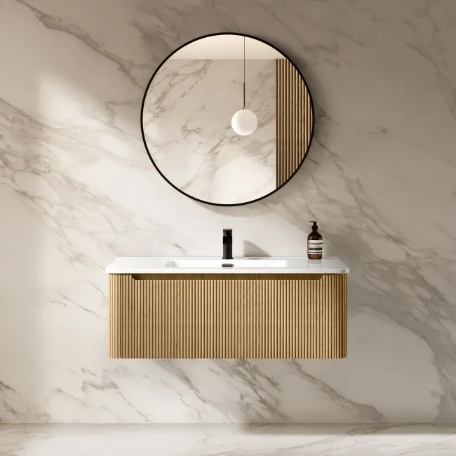 Sorrento Fluted Country Oak Wall Hung Basin Drawer Vanity 1000mm