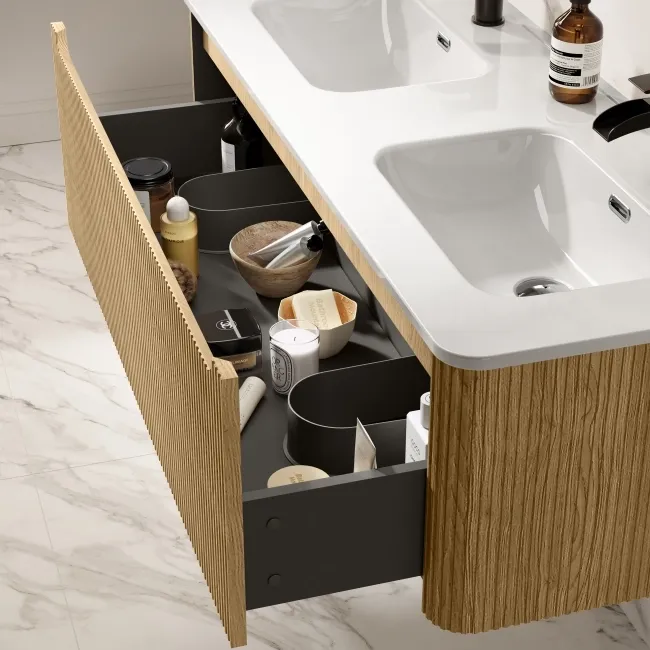 Sorrento Fluted Country Oak Wall Hung Double Basin Drawer Vanity 1200mm