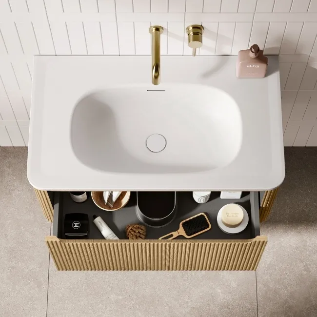 Sorrento Fluted Country Oak Wall Hung Drawer Vanity with Matt White Basin 800mm