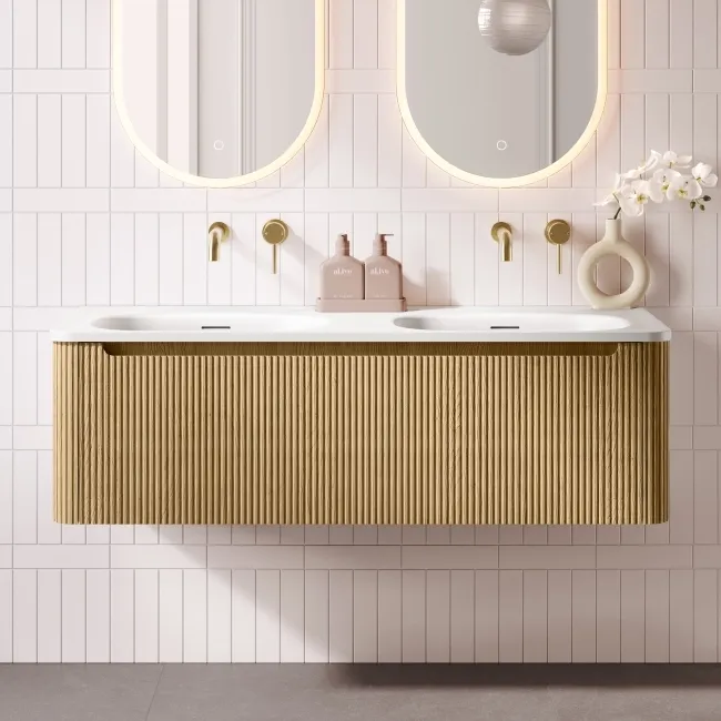 Sorrento Fluted Country Oak Wall Hung Drawer Vanity with Matt White Double Basin 1200mm