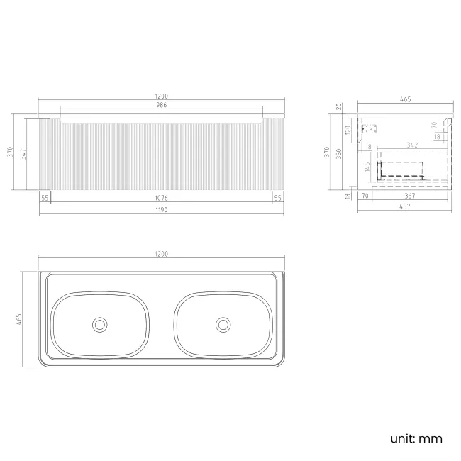 Sorrento Fluted Country Oak Wall Hung Drawer Vanity with Matt White Double Basin 1200mm