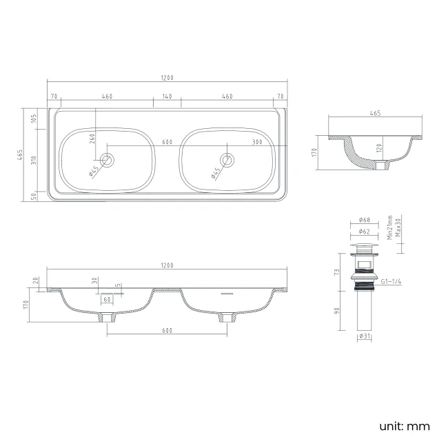 Sorrento Fluted Country Oak Wall Hung Drawer Vanity with Matt White Double Basin 1200mm
