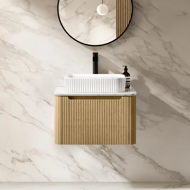 Sorrento Fluted Country Oak Wall Hung Drawer Vanity with Marble Top & Reno Basin 600mm