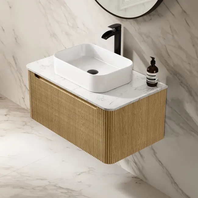 Sorrento Fluted Country Oak Wall Hung Drawer Vanity with Marble Top & Marin Basin 800mm
