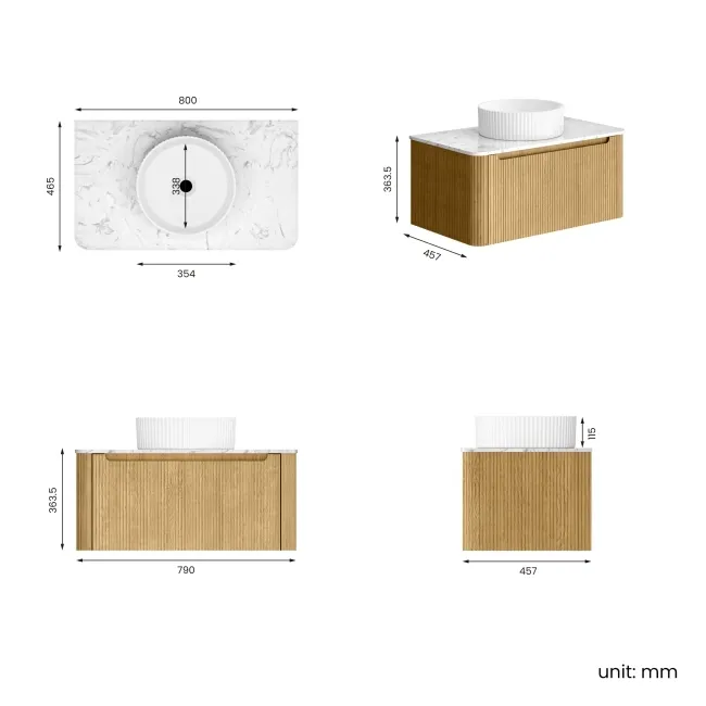 Sorrento Fluted Country Oak Wall Hung Drawer Vanity with Marble Top & Nevis Basin 800mm