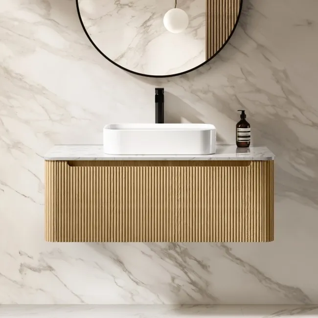Sorrento Fluted Country Oak Wall Hung Drawer Vanity with Marble Top & Marin Basin 1000mm