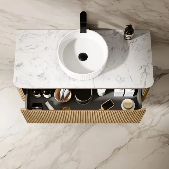 Sorrento Fluted Country Oak Wall Hung Drawer Vanity with Marble Top & Nevis Basin 1000mm