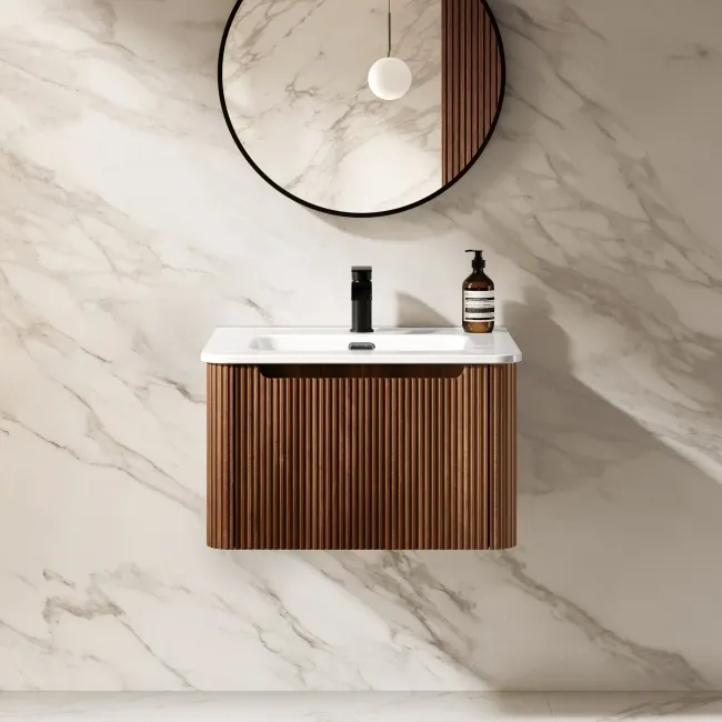 Sorrento Fluted Black Walnut Wall Hung Basin Drawer Vanity 600mm