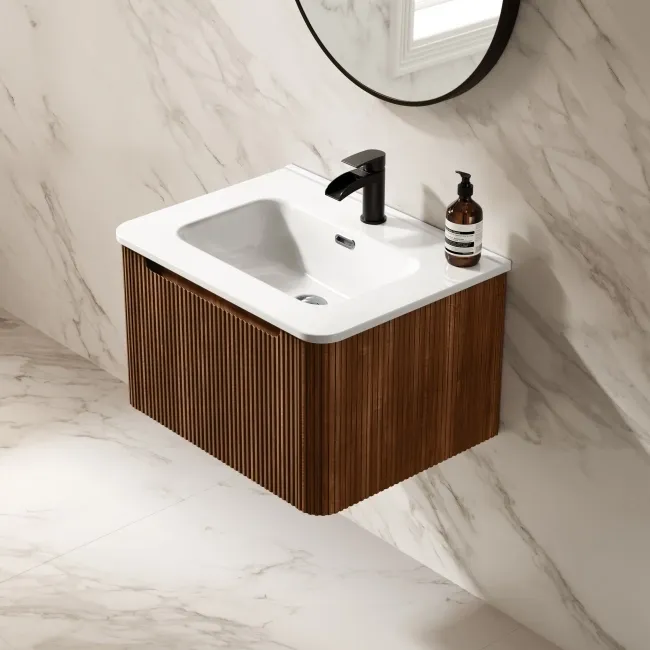 Sorrento Fluted Black Walnut Wall Hung Basin Drawer Vanity 600mm