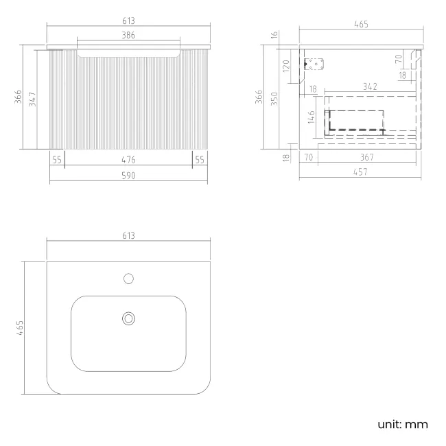 Sorrento Fluted Black Walnut Wall Hung Basin Drawer Vanity 600mm