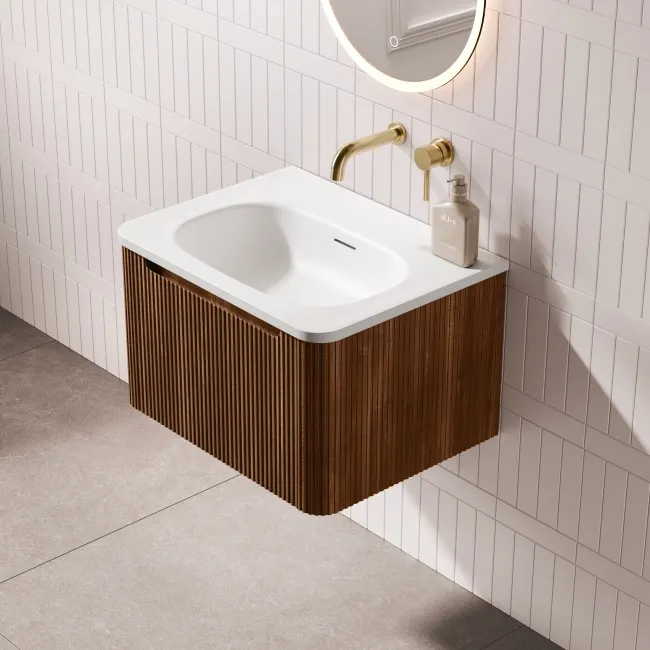 Sorrento Fluted Black Walnut Wall Hung Drawer Vanity with Matt White Basin 600mm