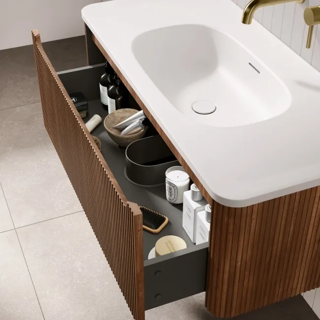 Sorrento Fluted Black Walnut Wall Hung Drawer Vanity with Matt White Basin 1000mm