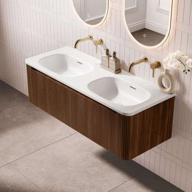 Sorrento Fluted Black Walnut Wall Hung Drawer Vanity with Matt White Double Basin 1200mm