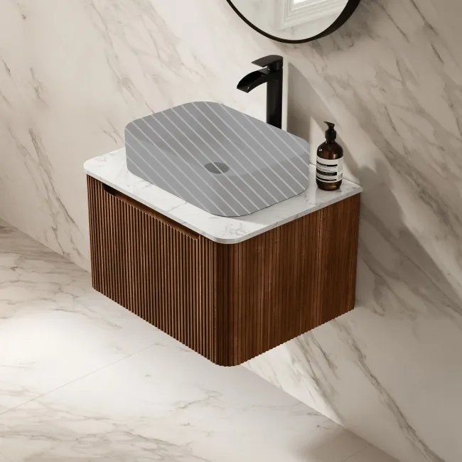 Sorrento Fluted Black Walnut Wall Hung Drawer Vanity with Marble Top 600mm - Excludes Counter Top Basin