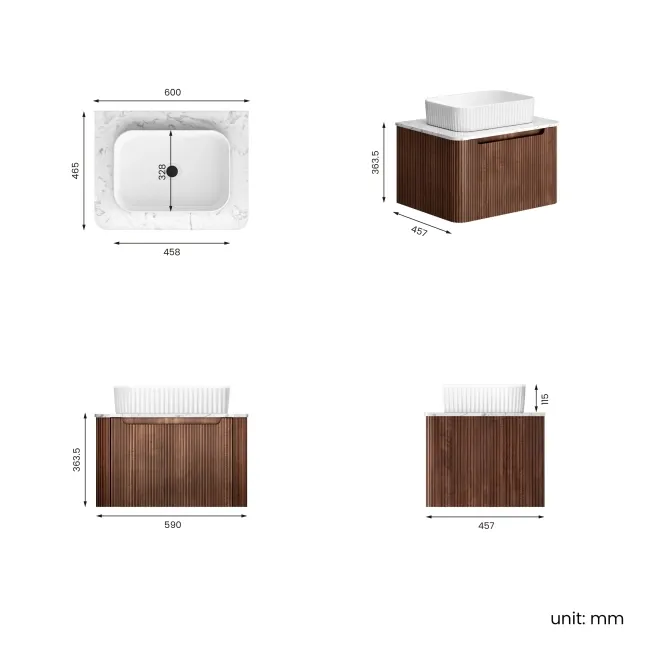 Sorrento Fluted Black Walnut Wall Hung Drawer Vanity with Marble Top & Reno Basin 600mm